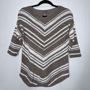 Chico’s Women’s Woven Knit Sweater Striped Chevron Beige White Size 0 Small